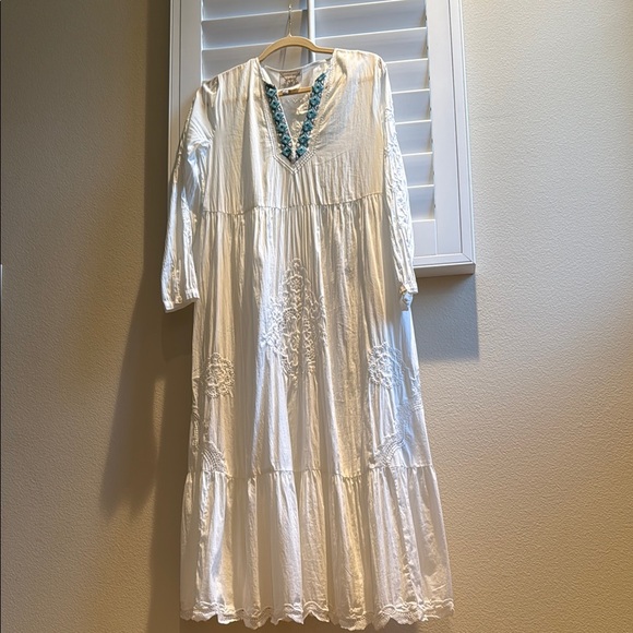 Johnny Was Cream Long Sleeve V-Neck Sundress - Picture 3 of 11
